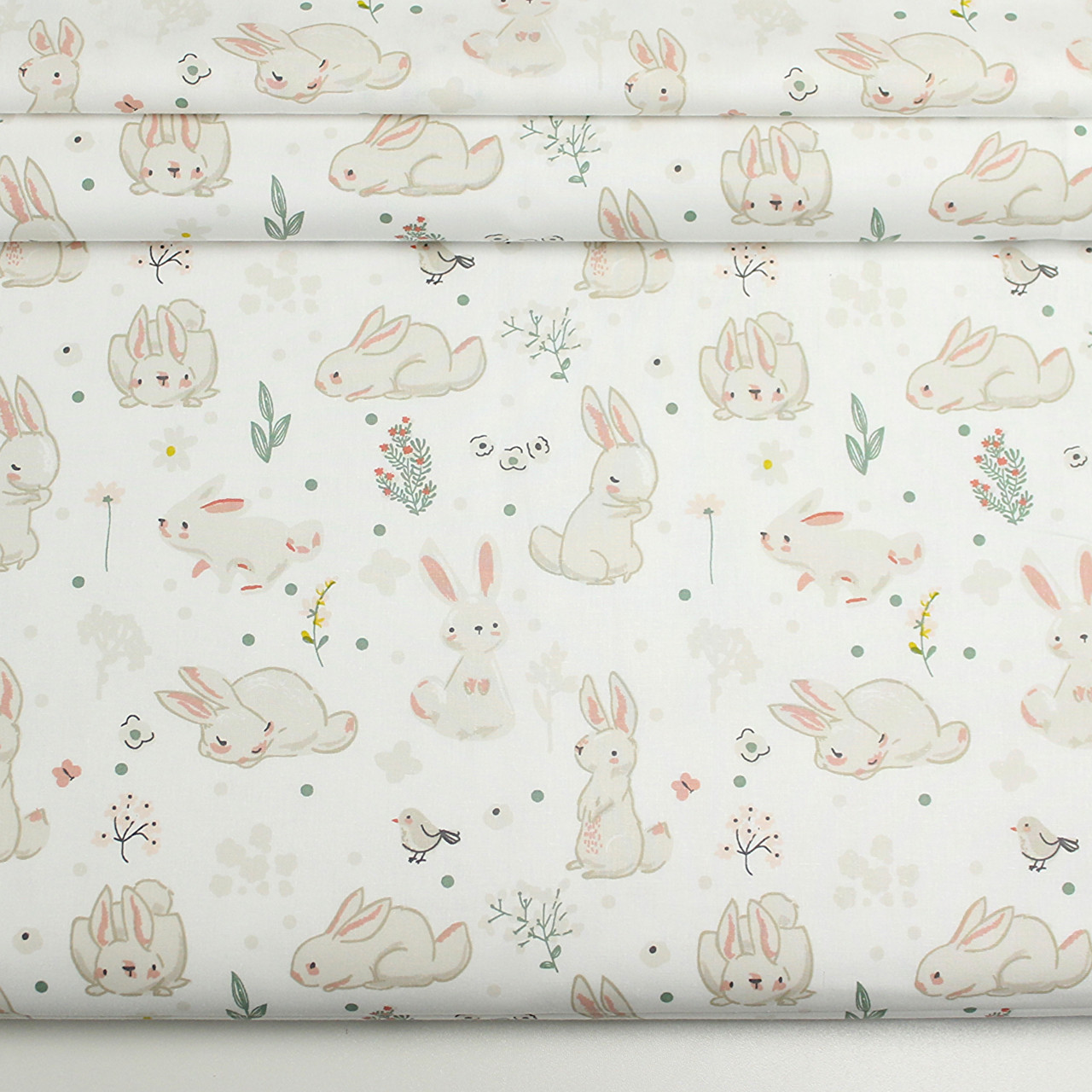 Ранфорс шириною 240 см "Кролики і квіточки" на білому тлі № 3247, фото 1