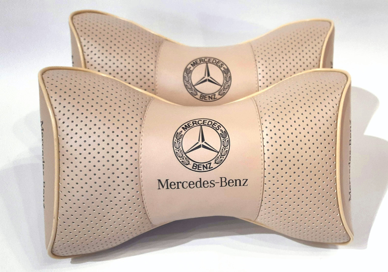 Подушка на підголовник в авто з логотипом Mercedes-Benz бежевий 1 шт