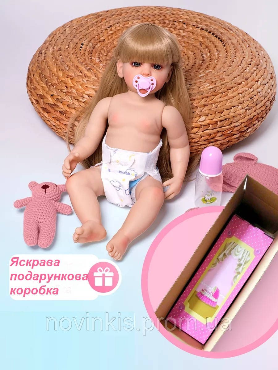 Лялька Реборн Reborn 55 см вініл-силіконова Майя в наборі з соскою, пляшкою, іграшкою. Можна купати - фото 7 - id-p1985363178