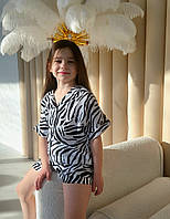 Пижама детская рубашка и шорты с принтом зебры натуральная вискозная пижама для девочки 134-140