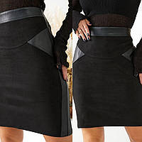 Стильная женская черная юбка мини замшевая и кожаная