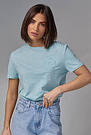 Хлопковая футболка с выпуклым принтом смайла - бирюзовый цвет, S (есть размеры)