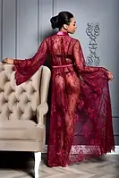Жіночий напівпрозорий мереживний довгий халат бордового кольору