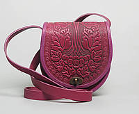 Кожаная женская сумка ручной работы "Калина", розовая сумка через плечо, сумка розового цвета
