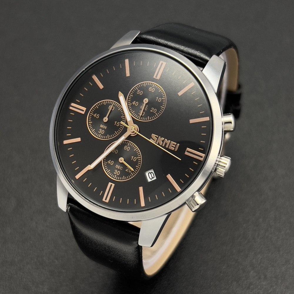 Чоловічий кварцовий наручний годинник на шкіряному ремінці Skmei 9103 BKBK Оригінал