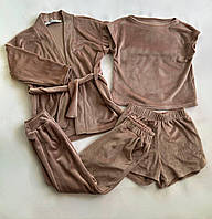 Детский домашний велюровый костюм-четверка халат-кимоно футболка шорты штаны размеры 104-158 Капучино, 104-110
