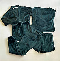 Детский домашний велюровый костюм-четверка халат-кимоно футболка шорты штаны размеры 104-158 Изумруд, 104-110