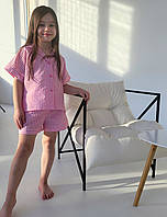 Стильна рожева дитяча піжама в клітинку натуральний домашній костюм для дівчинки