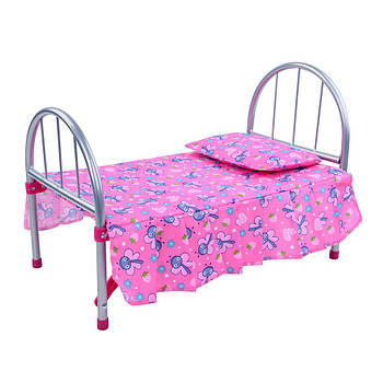 Металеве лялькове ліжко з подушкою та простирадлом з малюнком метеликів MELOGO 9342/WS 2772 Рожевий