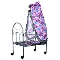 Металлическая кукольная кровать с балдахином на колесах и рисунком цветов MELOGO 9394 Фиолетовый