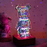 3D ночник - светильник *Стекляный Мишка Фейерверк* Bearbrick 20см 8 цветов USB ДТ