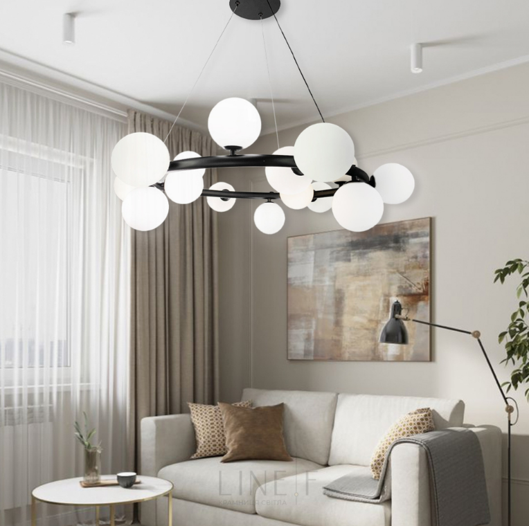 ЛЮСТРА ПІДВІСНА КІЛЬЦЕВА LEVISTELLA НА 15 БІЛИХ ПЛАФОНІВ SG 48/15 BK+WT, фото 1