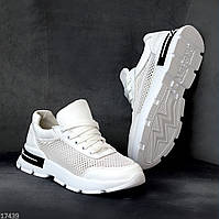 Білі літні жіночі шкіряні кросівки натуральна шкіра + текстильна сітка літо 2024 взуття жіноче