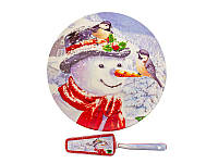 Блюдо для торта с лопаткой новогоднее Lefard Рождественская коллекция Снеговик 27 см 1924-837_VER