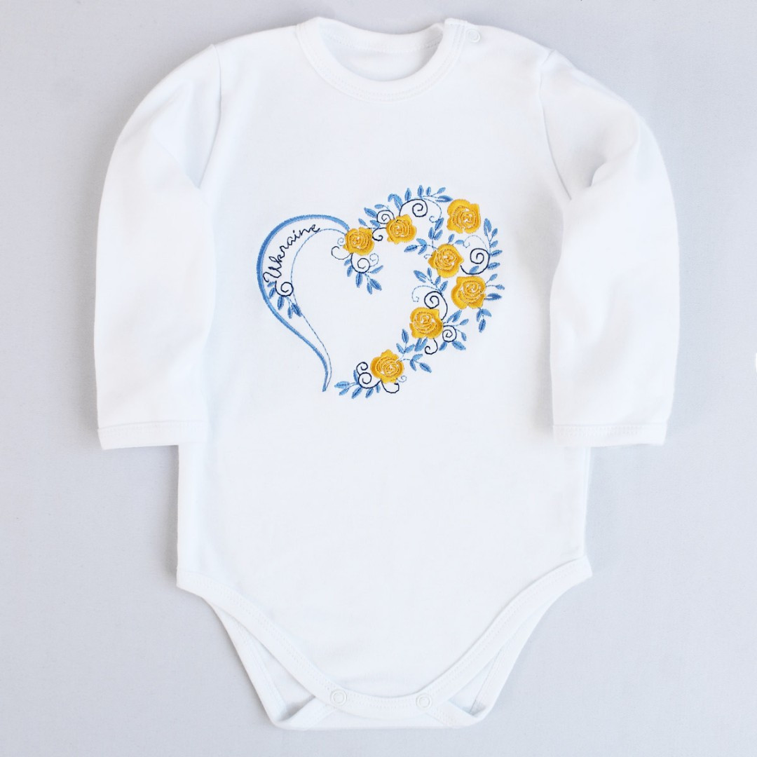 Патріотичний боді з довгим рукавом для немовляти з жовто-синім серцем і написом Ukraine 62–92 см