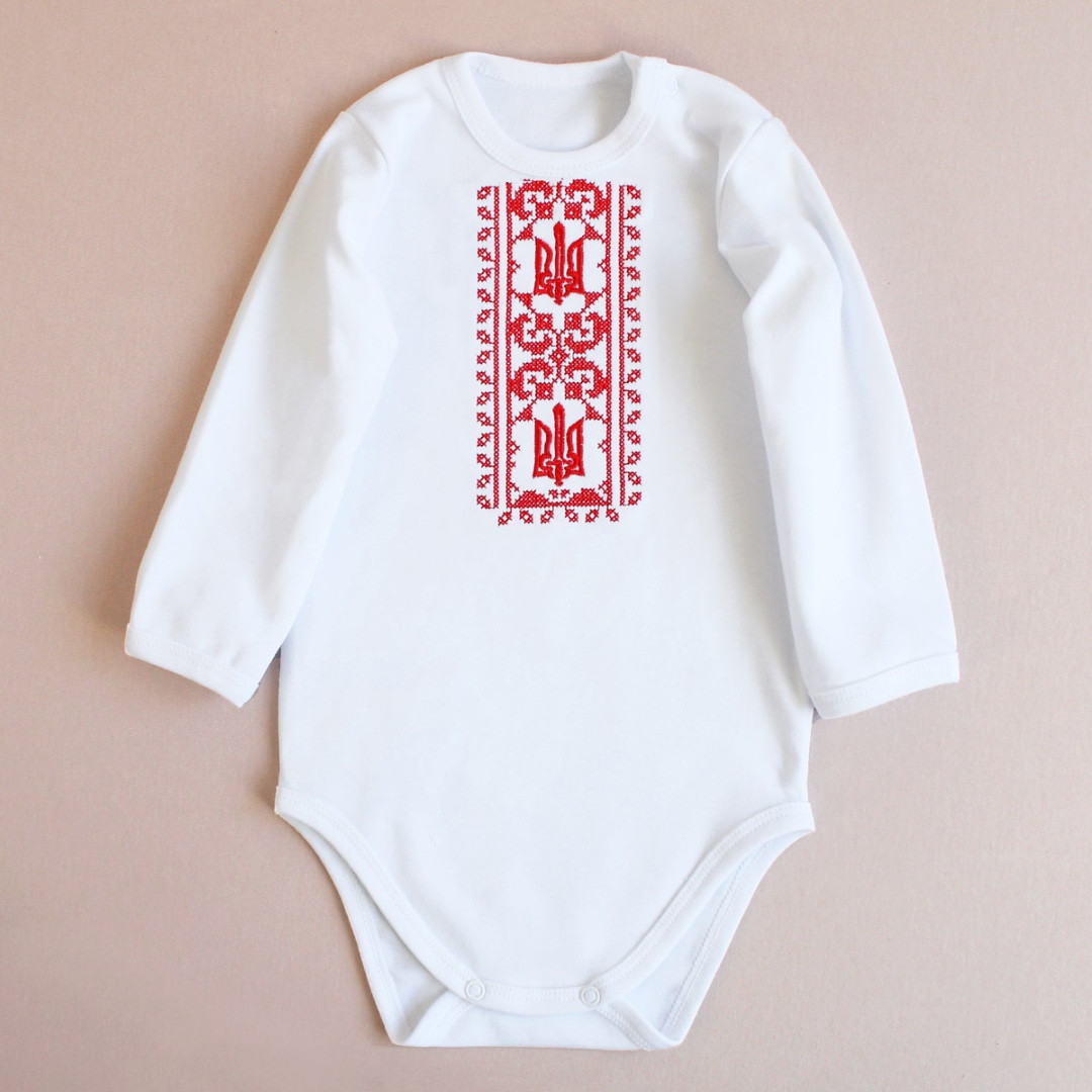Боді для малюків білі, Бодік дитячий ошатний білий з червоною вишивкою тризуб