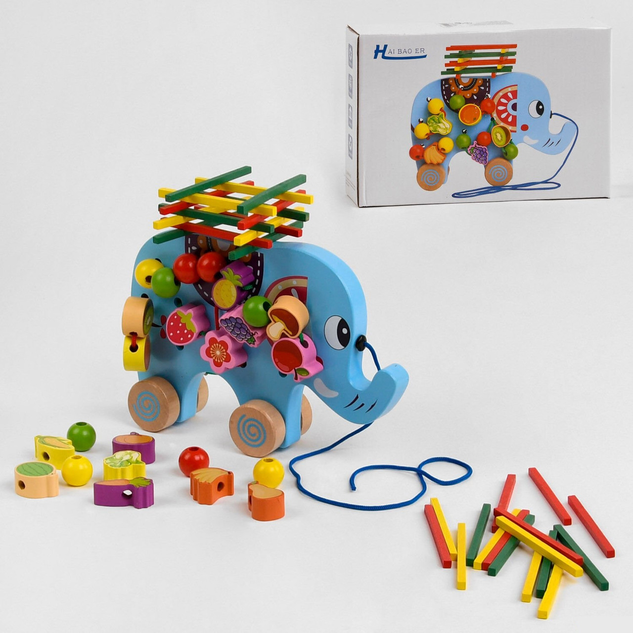 Дерев'яна каталка для дітей з 48174 "Слоненя", шнурівка, брусочки