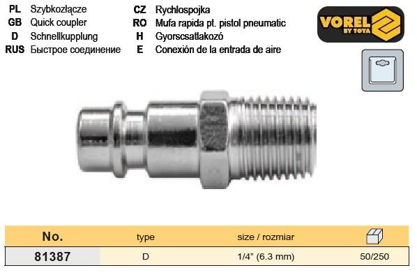 Ніпель бистрораземного з'єднання для шланга зовнішня різьблення 1/4" VOREL-81387