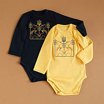 Жовтий боді з вишивкою тризуба коників і птахів для немовляти патріотичний орнамент інтерлок 62 68 74 80 86 92, фото 2