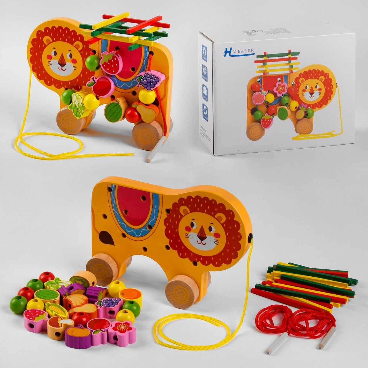 Дерев&#039;яна Каталка C 48173 "Лівеньок", шнурівка, брусочки