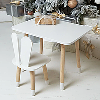 Детский прямоугольный столик (Белый) и стульчик Зайчик (Белый) мебель для детей стол со стулом