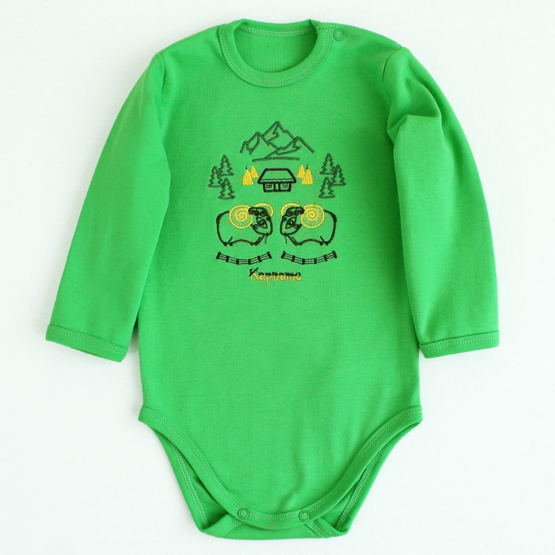 Зелений боді дитячий з етнічною вишивкою Карпати 56 62 68 74 80 86 92