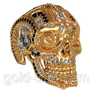 Унікальна чоловіча золота печатка 585* проби у формі черепа засіяного камінням