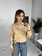 Женская стильная романтическая молодежная эффектная красивая базовая укороченная рубашка с накладным карманом Бежевый, 46