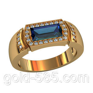 Елегантний прямокутний чоловічий золотий перстень 585* проби із вставками