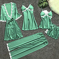 Нічний комплект для сну зеленого кольору: халат, пеньюар, пояс, штани, піжамний комплект, двійка