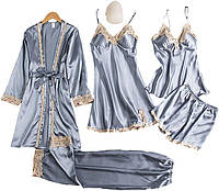 Женский атласный пижамный комплект с кружевом: халат ,пижама и сорочка