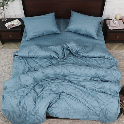 Блакитна однотонна постільна білизна Євро максі комплект 200*220 з Страйп-Сатину в смужку 100% бавовняна натуральна, фото 1