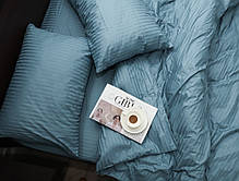 Блакитна однотонна постільна білизна Євро максі комплект 200*220 з Страйп-Сатину в смужку 100% бавовняна натуральна, фото 5