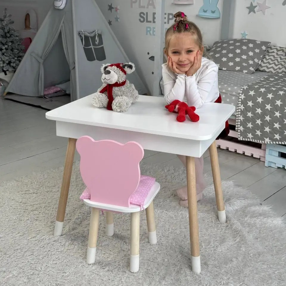 Стіл прямокутний з відкидним ящиком 53х60х45 і стілець медведик 26.5х26х25, комплект для дівчачої кімнати, рожевий з білим, фото 1
