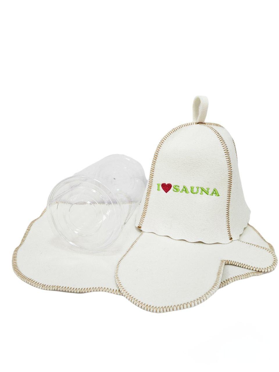 Набір для сауни світло-сірий повсть (підстилка, рукавичка, шапочка)