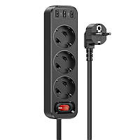 Сетевой удлинитель фильтр HOCO NS2 |3USB, 3 Розетки, 4000W, 20W/2.4A, PD/QC, 1.8m| Black