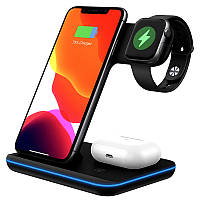 Док станция зарядка беспроводная Qi Fast Wireless Charger Z5A |5-15W, Watch/AirPods/Phone, подсветка| black