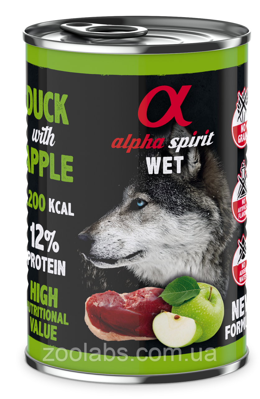 Консерви для собак з качкою та зеленими яблуками  Alpha Spirit 6 шт по 400 грам
