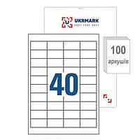 UKRMARK A4-40-W1-100, 40 этикеток на листе А4, 50мм х 26мм, уп.100л, этикетки самоклеящиеся