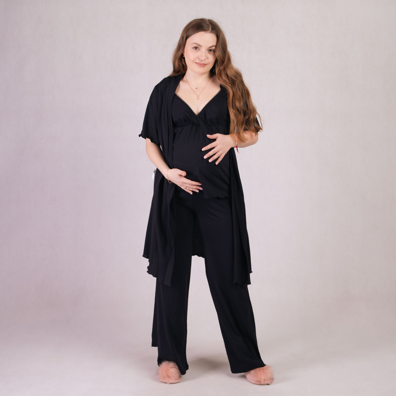 Комплект трійка для вагітних і мам-годувальниць халат топ і штани чорний р 46-54