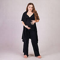 Комплект тройка для беременных и кормящих мам халат топ и брюки черный р 46-54