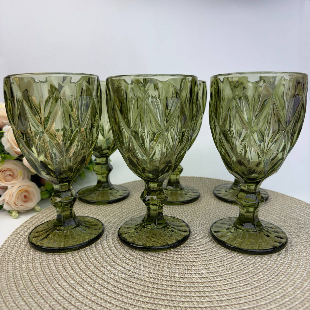 Набір зелених вінтажних келихів для вина 6 шт. 320 мл, фото 1