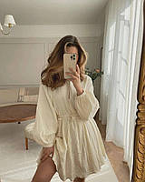 Стильное легкое платье женское мини, стильное воздушное платье с объемными рукавами молочного цвета