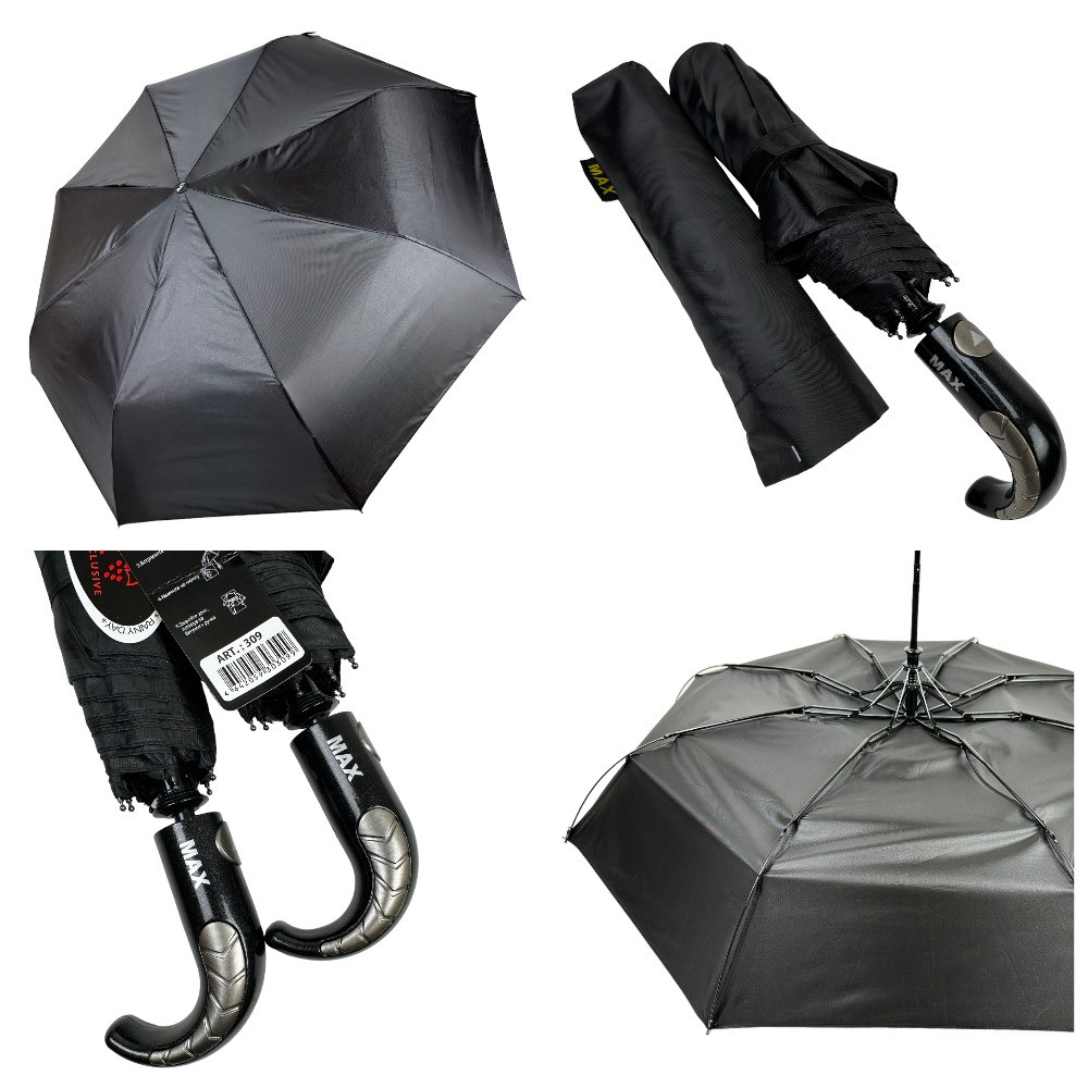 Оптом Чоловіча складна парасоля напівавтомат на 8 спиць з ручкою напівгак від Max, є антивітер, чорний, 309