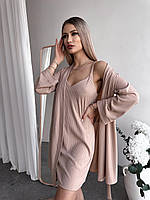Ночная рубашка + халат из натуральной ткани рубчик (пижама 2ка) бежевый - M