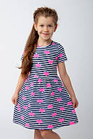 Платье с коротким рукавом для девочки 104, сине-белые полосы-сердце