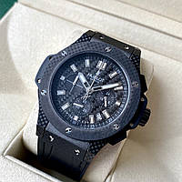 Чоловічий годинник Hublot Big Bang Black Carbon AAA наручний кварцовий з хронографом на каучуковому ремінці сапфір