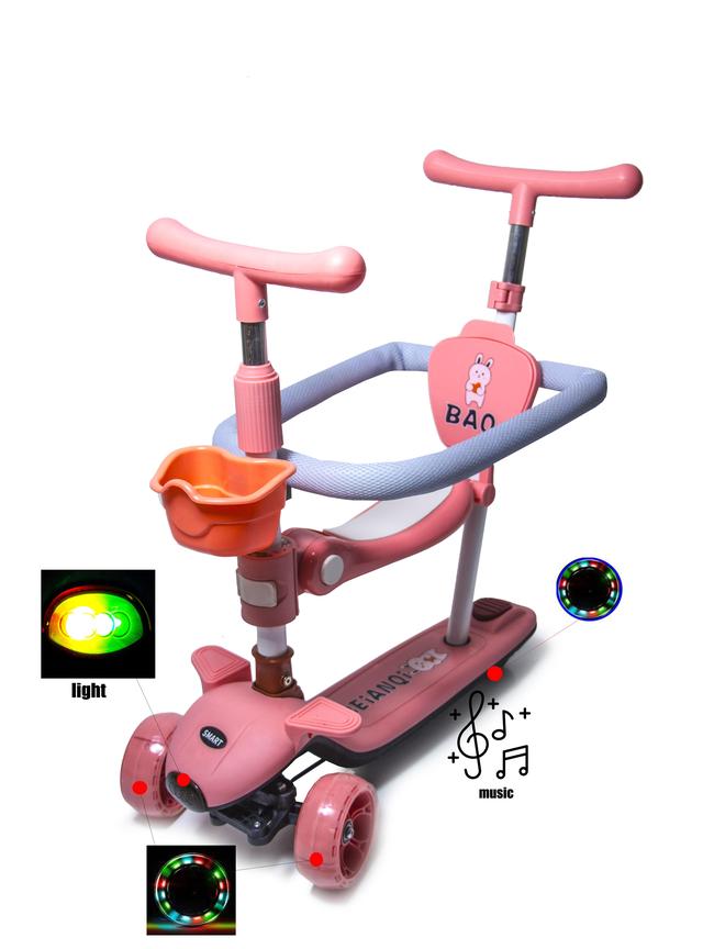 Самокат 5в1 для малюків від 10 місяців, з бортиком, підсвічуванням та музикою BAQ. Рожевий колір