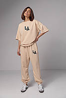 Женский спортивный костюм с вышивкой LA цвет кремовый размер M FL_001283