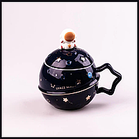 Чашка керамическая 400 мл Астронавт с крышкой и ложкой Керамические кружки Кружка фигурная Кружки с принтом Темно-синий